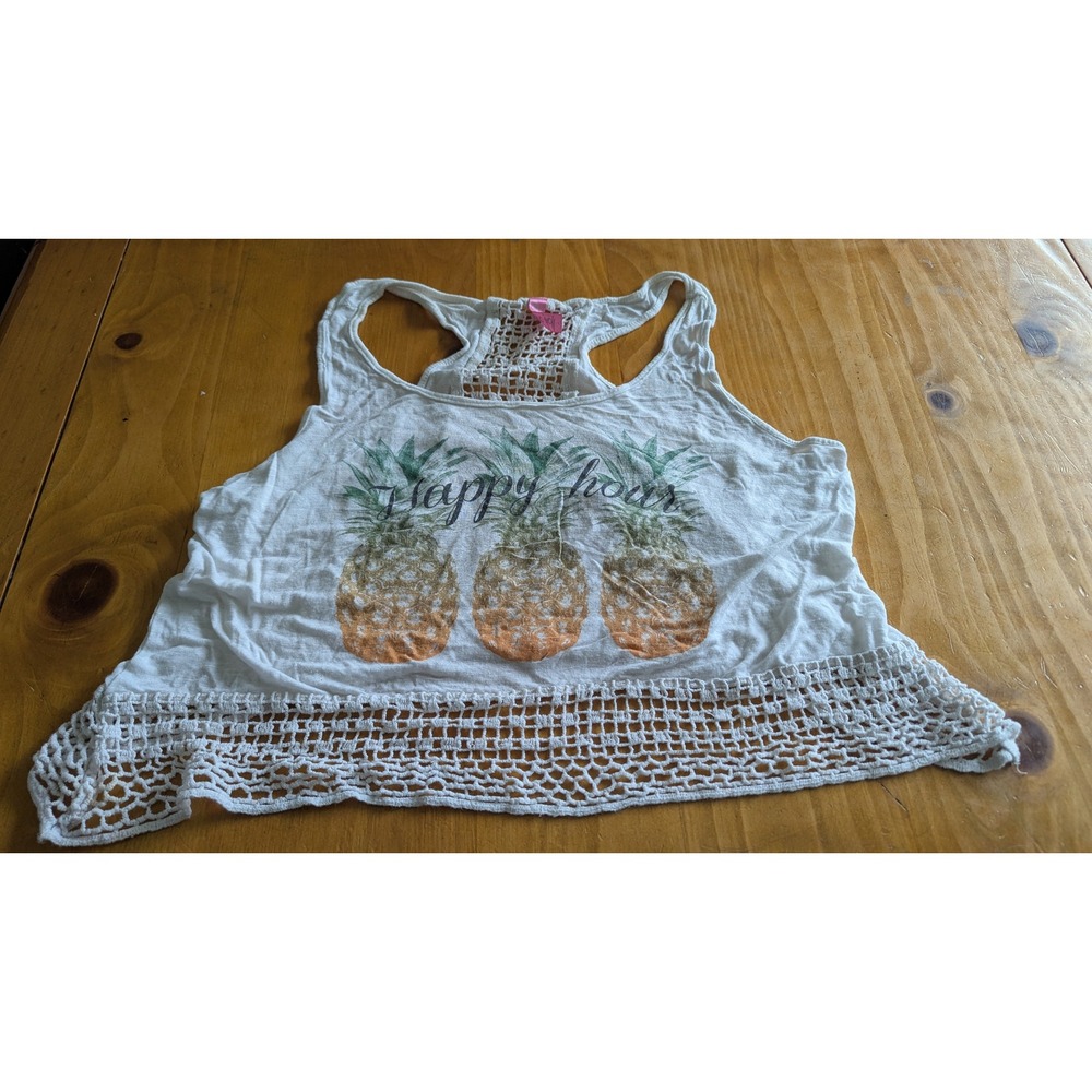 Paper Doll White Pineapple Happy Hour Crochet Lace Racerback Tank Top Womens